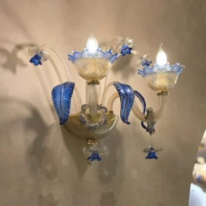 لوستر دیواری مورانو دوشاخه | دیوارکوب شیشه‌ای کلاسیک طلایی–آبی
